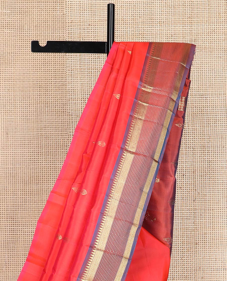 Red zari buttas kanchipuram silk saree, contrast one-sided border of rekku,muthu & mayil kann & zari design pallu