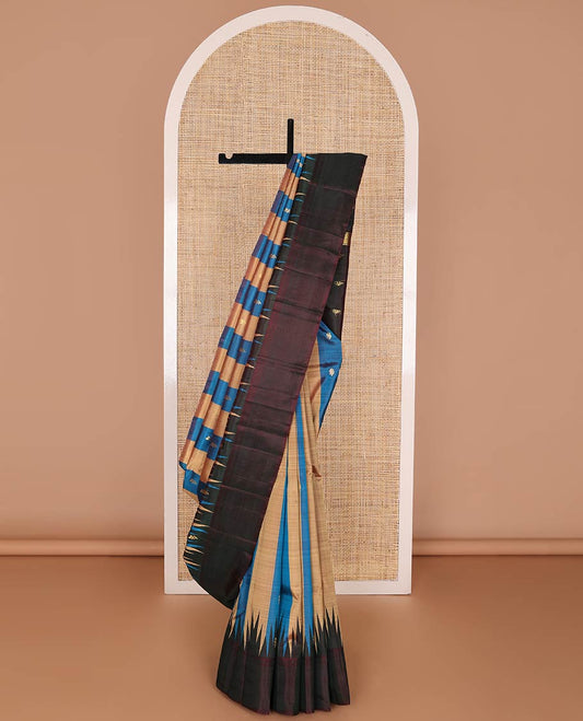 Blue & sandal color striped kancheepuram silk saree with zari buttas, contrast one-sided thazampoo rekku border & pallu of zari designs