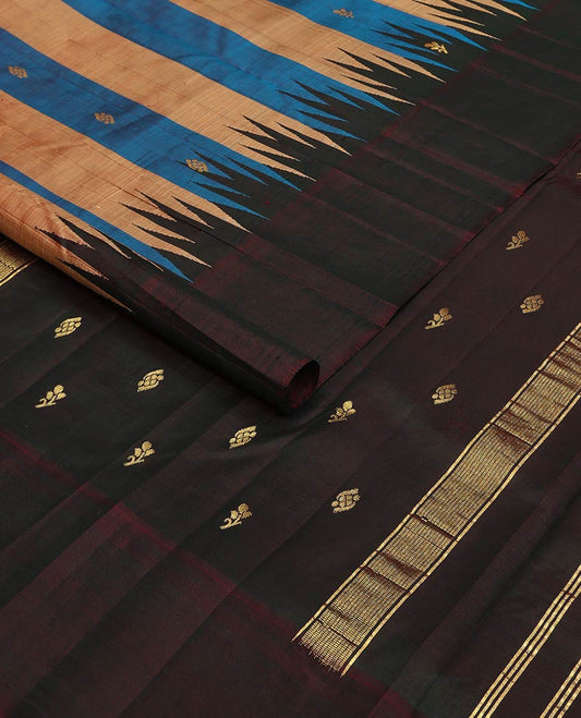 Blue & sandal color striped kancheepuram silk saree with zari buttas, contrast one-sided thazampoo rekku border & pallu of zari designs