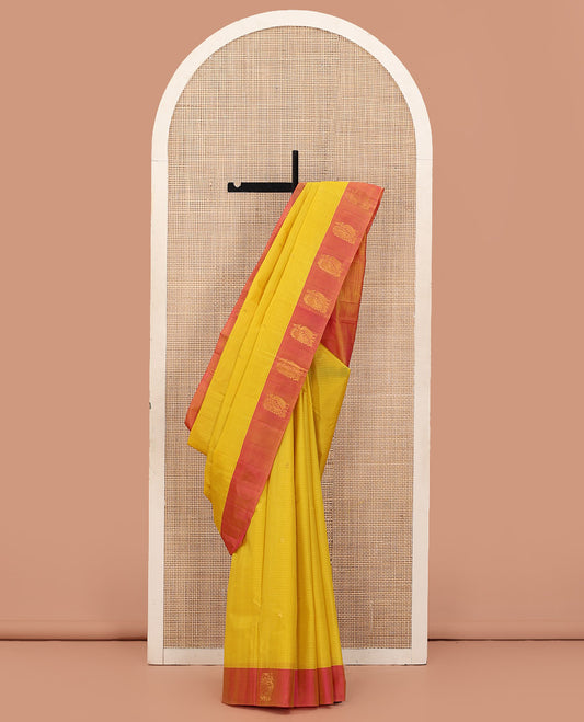 Yellow Vazhaipoo Stripes Kanchipuram Silk Saree, Complemented by a Contrast Border of Mayil Designs, Sparsely Zari Woven Pallu, and Paired with a Contrast Blouse