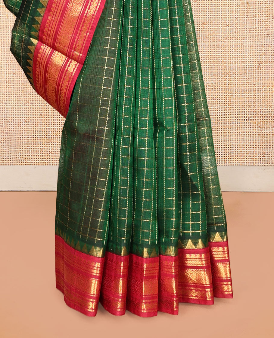 Green Zari Checked Kuppadam Silk Saree, a Contrast Traditional Zari Temple Border, Grand Pallu, a Contrast Blouse