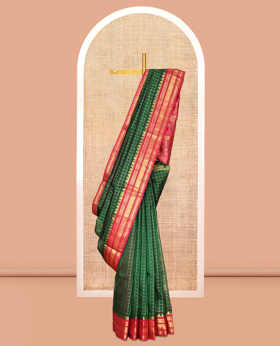 Green Zari Checked Kuppadam Silk Saree, a Contrast Traditional Zari Temple Border, Grand Pallu, a Contrast Blouse