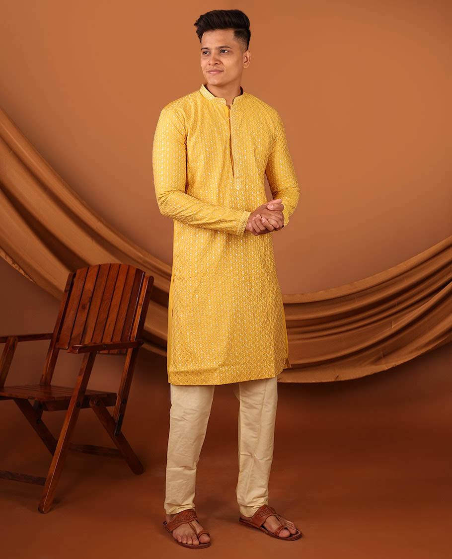 Yellow Jaal-Pattern Embroidered Full-Sleeved Men's Kurta With Pant