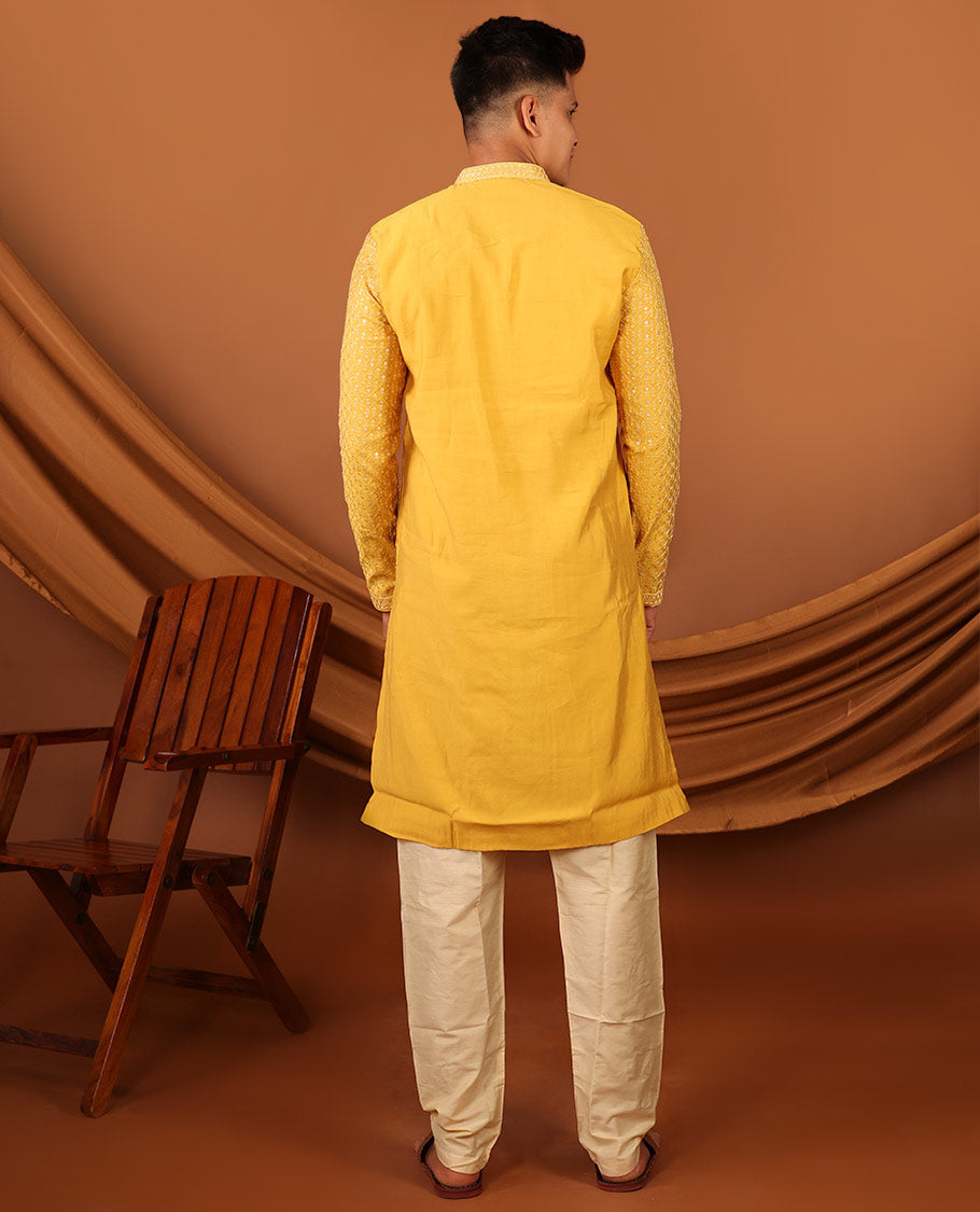 Yellow Jaal-Pattern Embroidered Full-Sleeved Men's Kurta With Pant