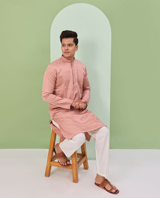 Pink floral buttas embossed thread embroidered full-sleeved readymade kurta