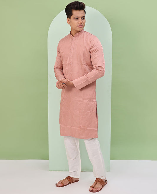 Pink floral buttas embossed thread embroidered full-sleeved readymade kurta