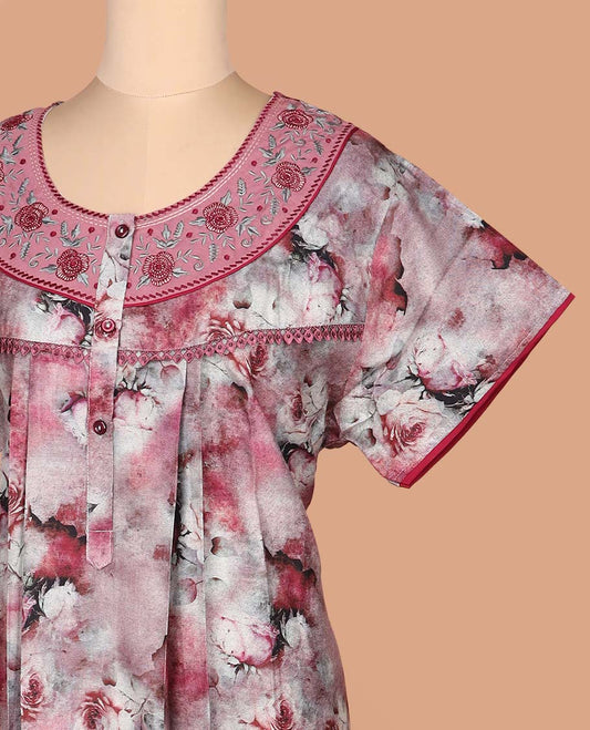 Red abstract printed with neck embroidered round-neck half-sleeve cotton nighty