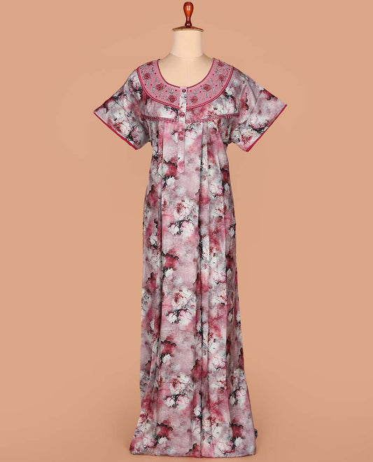 Red abstract printed with neck embroidered round-neck half-sleeve cotton nighty