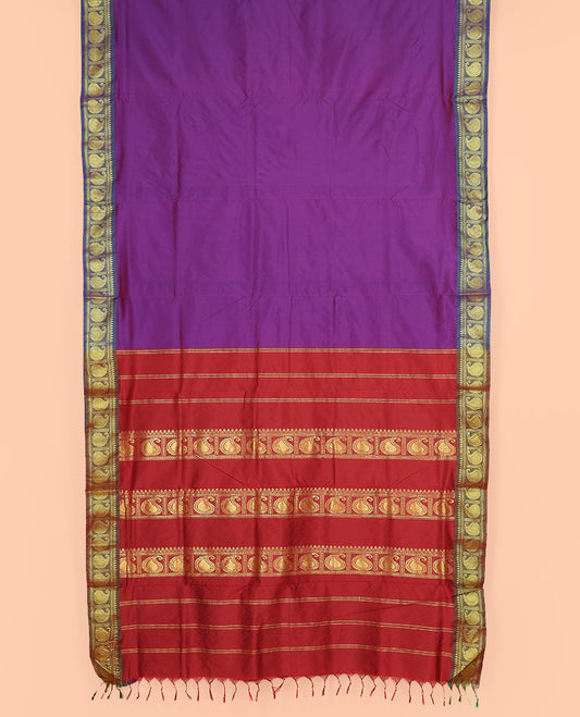 Purple Plain Ten-Yard Art Silk Saree, Complemented by a Contrast Traditional Zari Border of Paisley Designs, and Pallu Adorned with Traditional Zari Designs