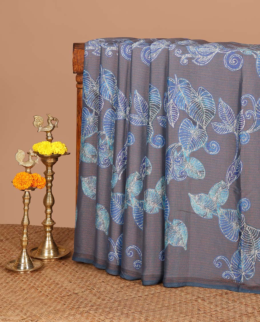 Borderless Grey floral digital print brasso saree with self pallu along with printed blouse