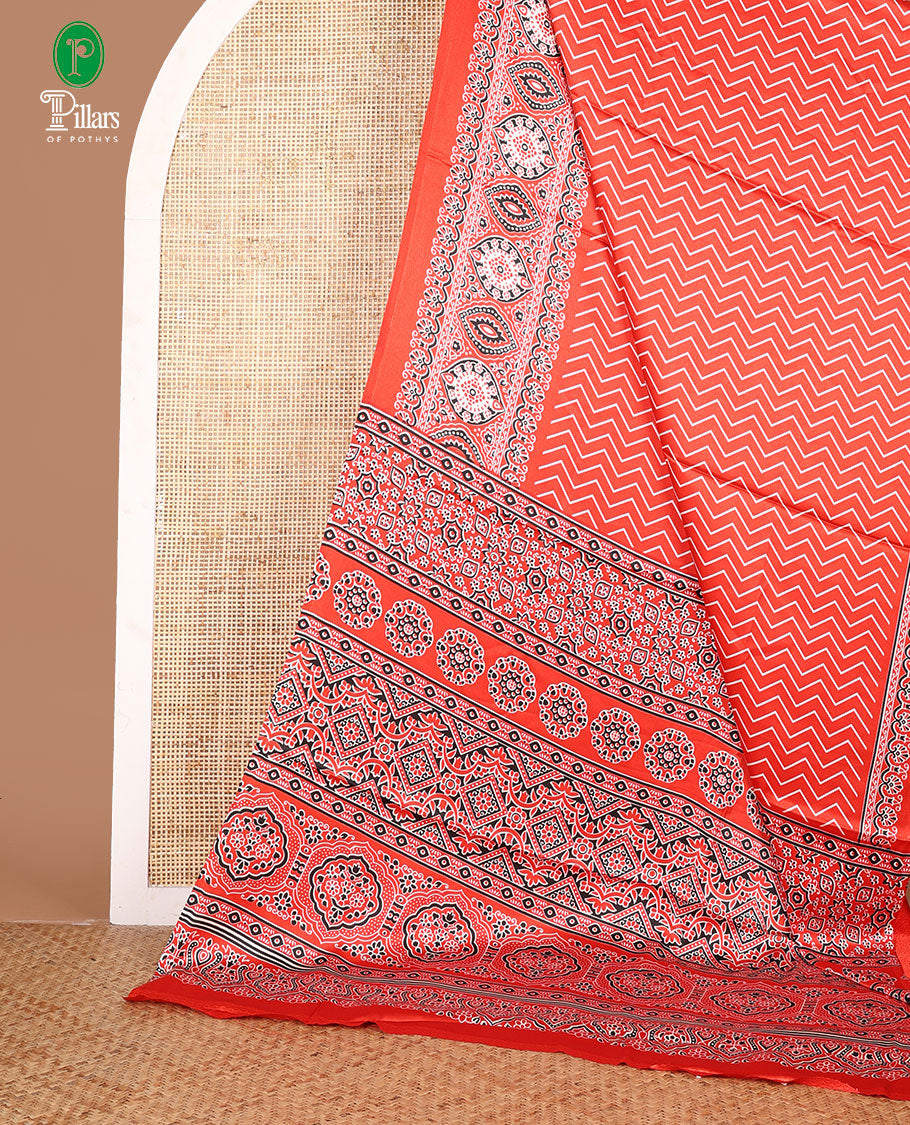 Red zig zag digital printed design gajji silk saree with ajrak printed border & ajrak printed pallu along with printed blouse