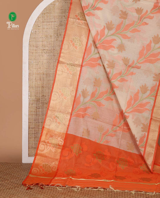 Cream pochampally-style floral thread-woven chanderi cotton saree, contrast floral zari border & floral design pallu, plain blouse