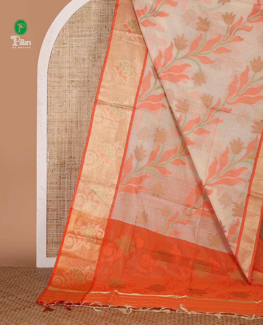 Cream pochampally-style floral thread-woven chanderi cotton saree, contrast floral zari border & floral design pallu, plain blouse