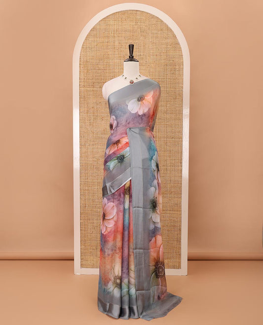 Multi-color floral digital printed premium georgette saree, satin border, floral printed pallu & printed blouse