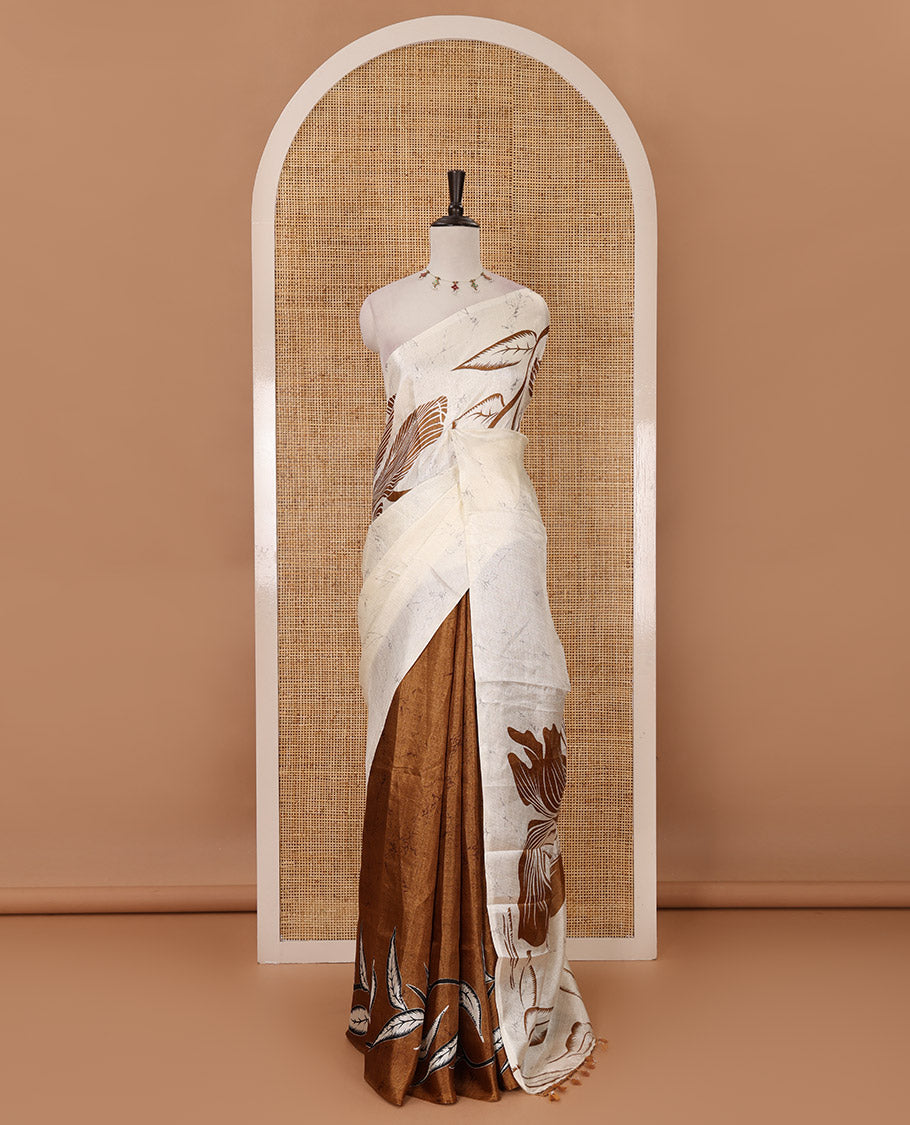 Borderless cream-mustard batik-style floral printed khadi cotton saree, printed pallu & printed blouse