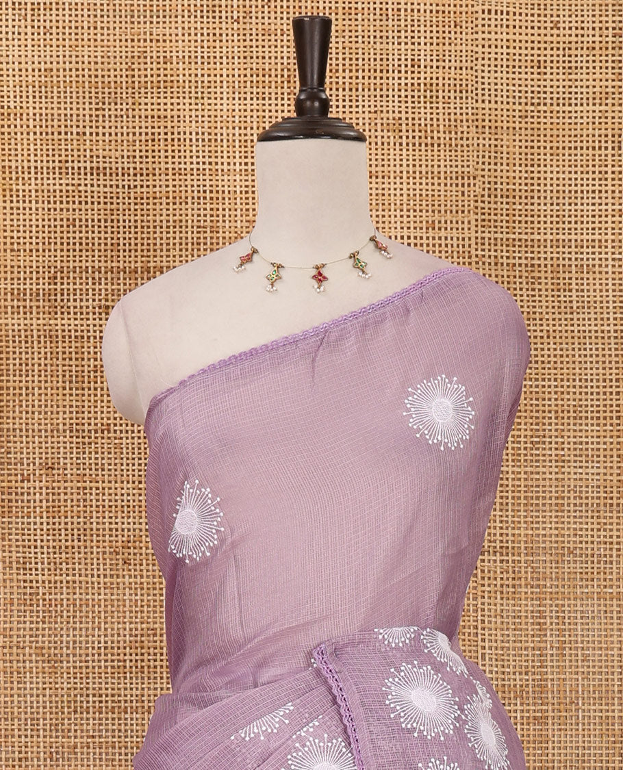 Lavender star flower motifs chikankari-style embroidered kota check saree, lace border & matching checked blouse