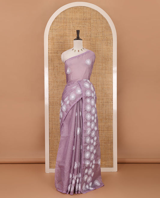 Lavender star flower motifs chikankari-style embroidered kota check saree, lace border & matching checked blouse