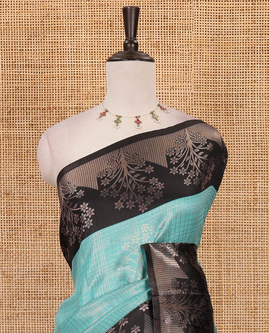 Sea blue zari checked & floral buttas kanchi silk saree,contrast satin border of floral zari motifs,intrictae pallu & contrast plain blouse