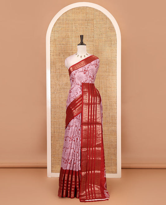 Red floral printed dola silk saree,  contrast traditional zari rettai pettu border, pallu of paisley-floral print & contrast blouse of print & zari border