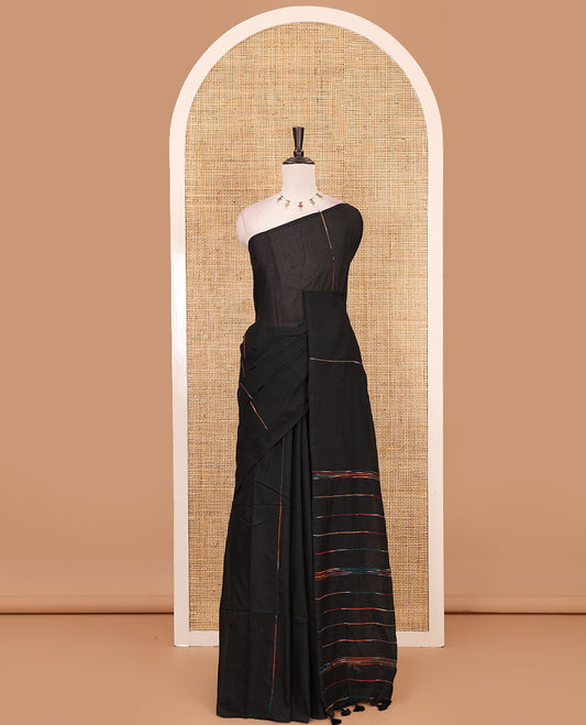Borderless Black vertical multi-color thread striped khadi jute linen saree, striped pallu & matching plain blouse
