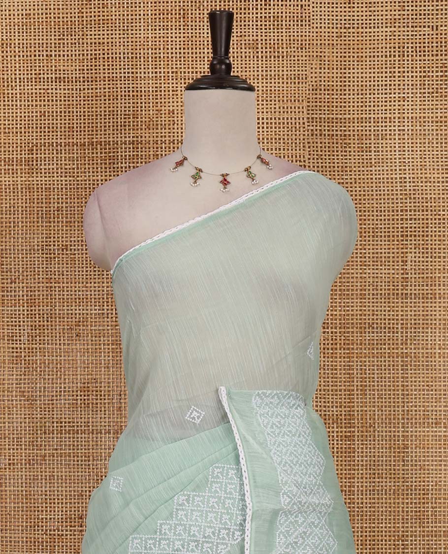 Green diamond patterns white resham thread embroidered mercerised cotton saree, lace border, and matching plain blouse