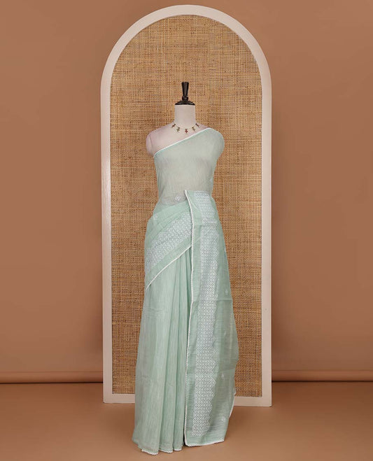 Green diamond patterns white resham thread embroidered mercerised cotton saree, lace border, and matching plain blouse