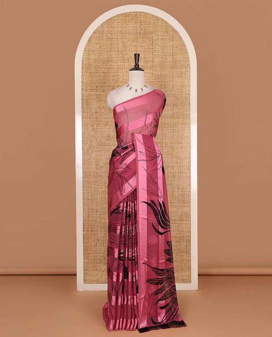 Borderless pink thick satin striped and feather like floral motifs printed satin crepe saree, floral vine printed blouse