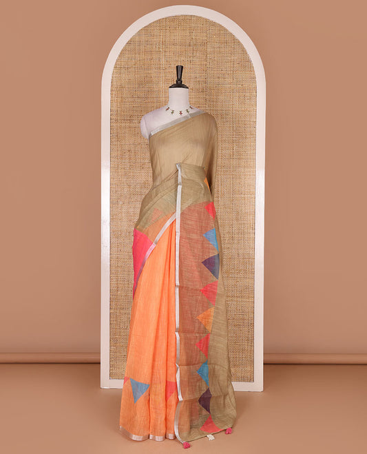 Multi-colored plain with triangle motifs linen cotton saree, silver zari border, plain with tassels, and a contrast silver zari bordered blouse