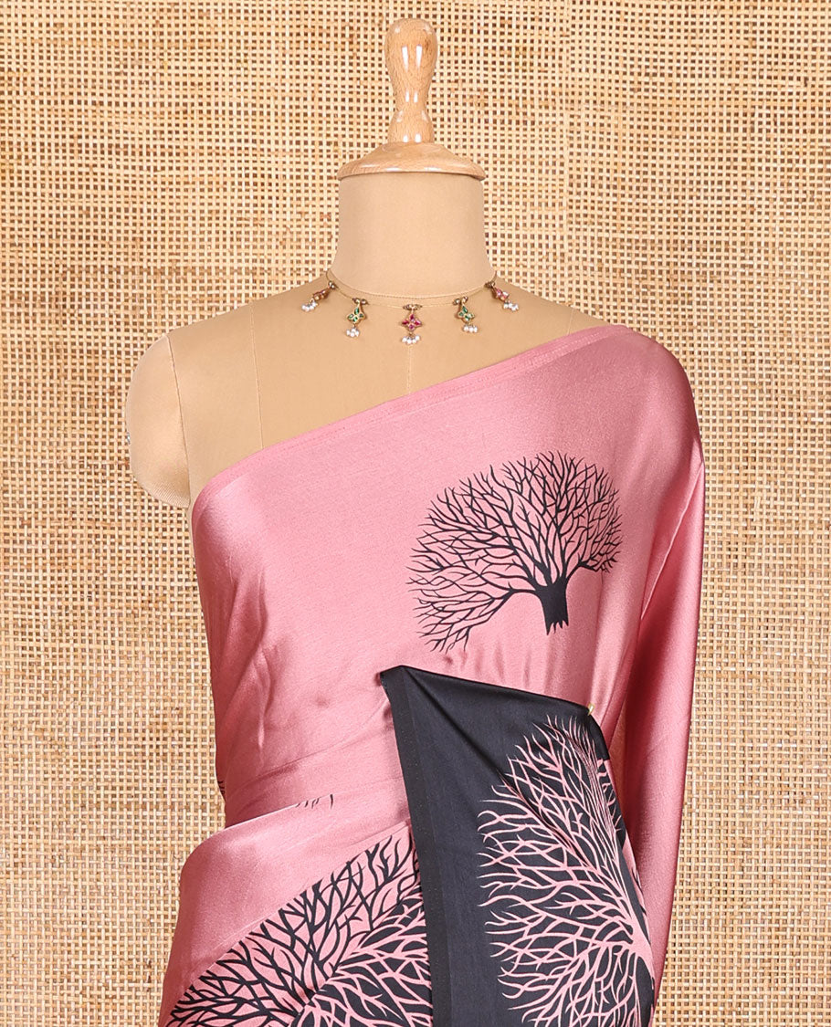 Onion pink tree motifs digitally printed Gajji silk saree with contrast printed border of upside down tree motifs, and contrast printed blouse
