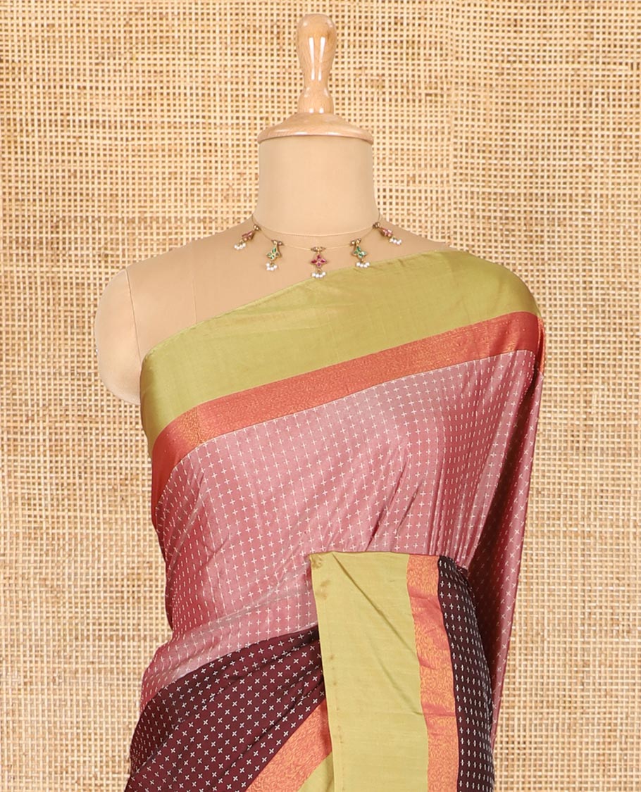 Maroon-onion pink half-and-half plus-shaped buttas woven semi-soft silk saree with contrast satin border, striped pallu, and a contrast plain blouse