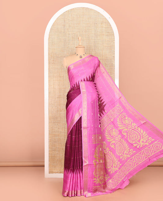 Purple and pink zari butta enclosed checked dola silk saree, contrast temple traditional motifs border, paisley motifs printed pallu, and a contrast butta enclosed checked blouse