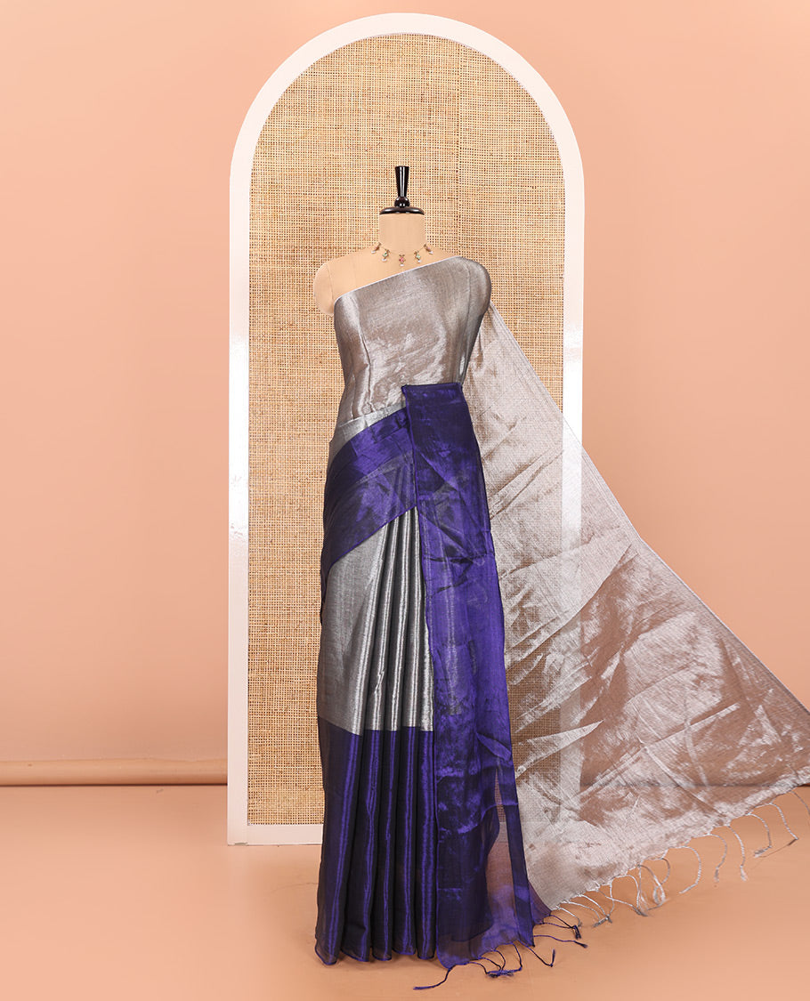 Silver and violet half-and-half plain khadi tissue saree with a self-pallu and a matching blouse