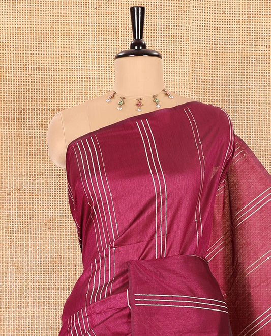 Borderless Purple Semi-Raw Silk Saree Featuring Elegant Vertical Sequin Stripes Running Across the Body, Complemented by a Contrast Thread-Work Pallu and Paired with a Contrast Blouse