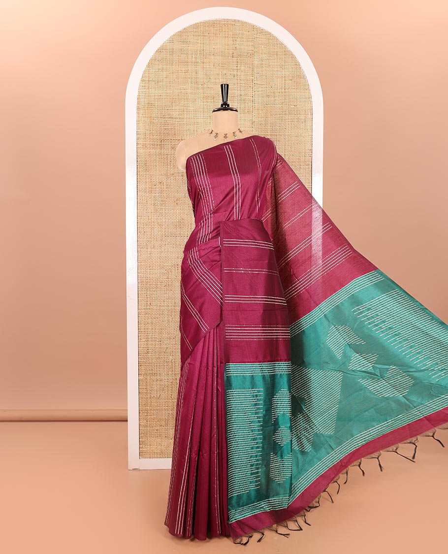 Borderless Purple Semi-Raw Silk Saree Featuring Elegant Vertical Sequin Stripes Running Across the Body, Complemented by a Contrast Thread-Work Pallu and Paired with a Contrast Blouse