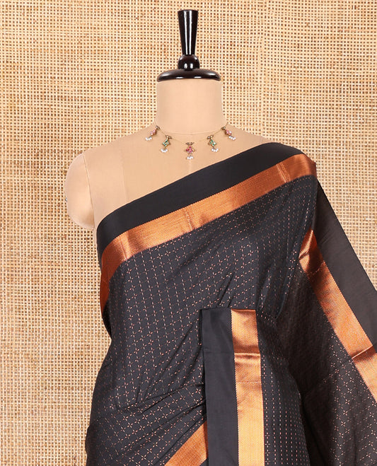 Black Semi-Soft Silk Saree Elevated Up with Plus-Shaped Buttas All Over the Body, Highlighted with Zari Border, Complemented by Contrast Pallu of Zari Stripes, and Paired with a Contrast Blouse