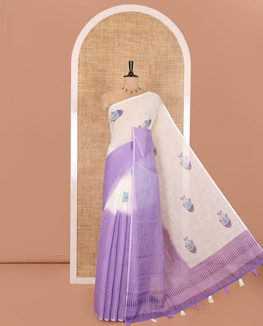 Borderless Cream and Lavender Linen Cotton Saree, Decked Up with Half-and-Half Style Fish Motifs Printed All Over Its Body, Pallu Mirrors the Same Print, and Is Paired with a Contrast Blouse