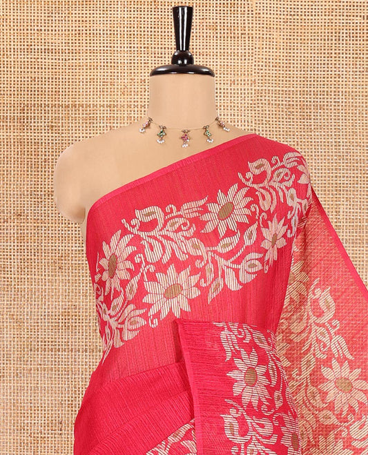 Pink Plain Green-Silk Linen Cotton Saree, Highlighted by Jamdani-Style Floral Vine Printed Border, Pallu of Jamdani Floral Print, and Paired with a Matching Printed Blouse