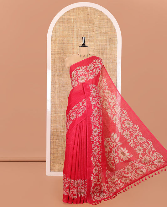 Pink Plain Green-Silk Linen Cotton Saree, Highlighted by Jamdani-Style Floral Vine Printed Border, Pallu of Jamdani Floral Print, and Paired with a Matching Printed Blouse