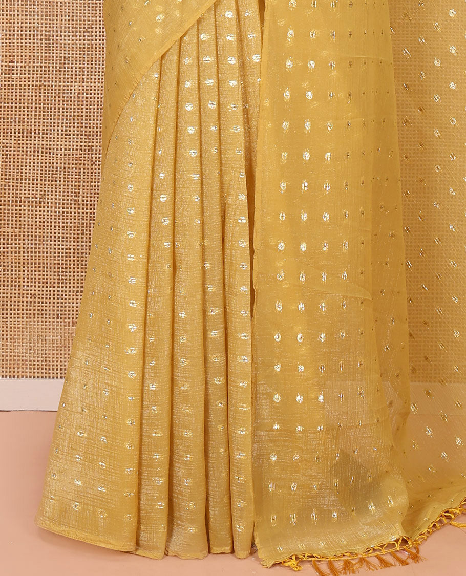 Borderless Mustard Shimmer Saree, Enriched with Zari Buttas All Over Its Body, Pallu Mirrors the Same Buttas, and Comes Without a Blouse