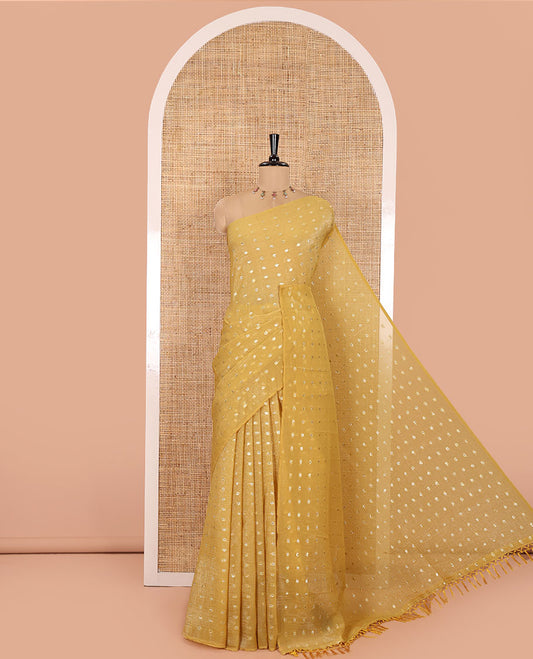Borderless Mustard Shimmer Saree, Enriched with Zari Buttas All Over Its Body, Pallu Mirrors the Same Buttas, and Comes Without a Blouse