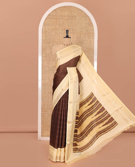 Brown Milan Moss Chiffon Saree, Subtly Sparkled with Stripes on Its Body, Complemented by a Contrast Geometric-Patterned Zari Border, Pallu of Stripes and Temple Designs, and Paired with a Contrast Blouse