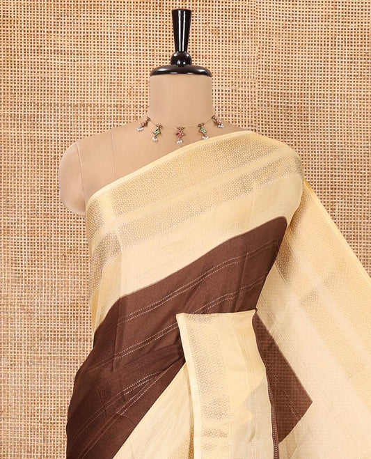 Brown Milan Moss Chiffon Saree, Subtly Sparkled with Stripes on Its Body, Complemented by a Contrast Geometric-Patterned Zari Border, Pallu of Stripes and Temple Designs, and Paired with a Contrast Blouse