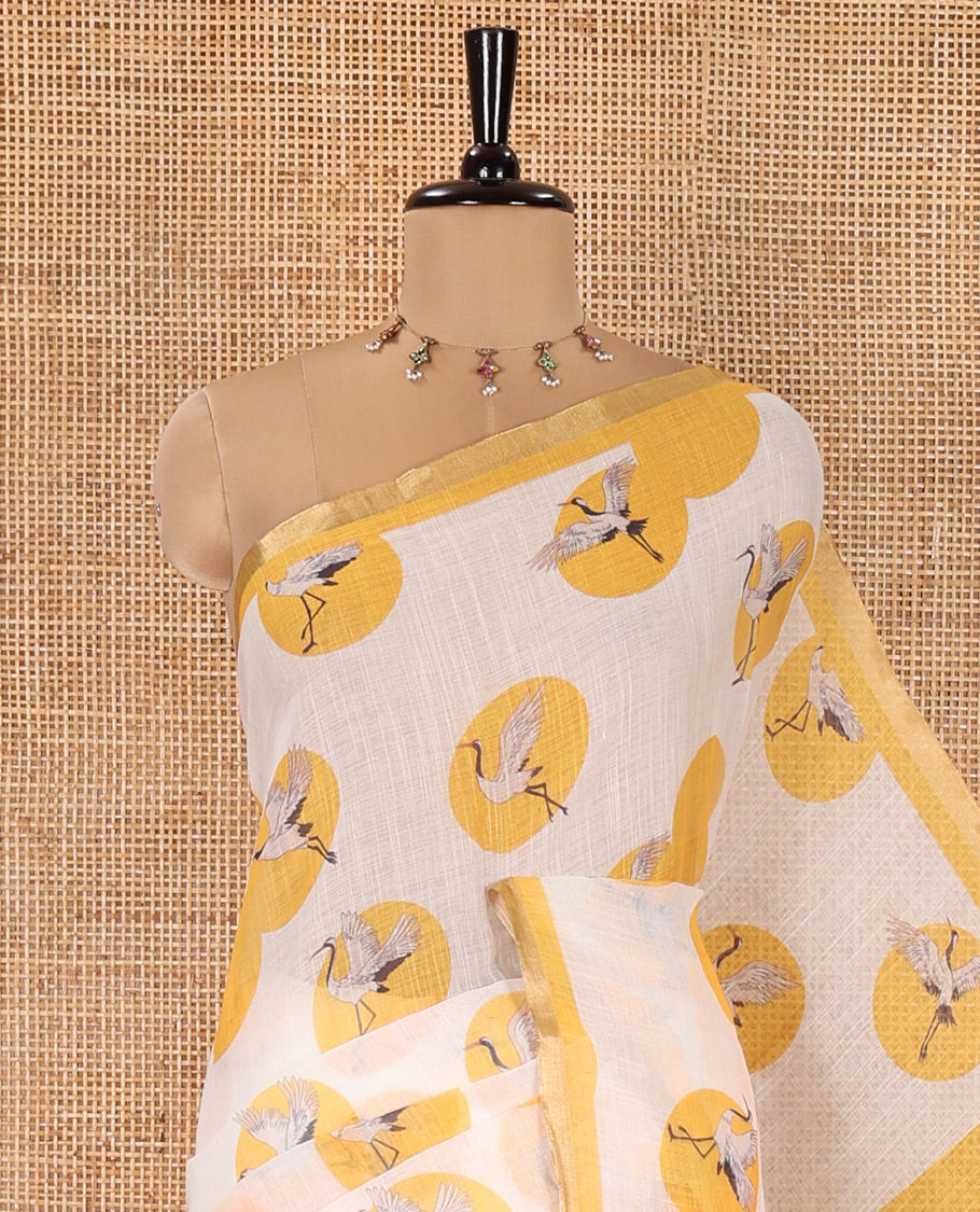White-Yellow Linen Cotton Saree, Steeped with Polka Dot Enclosed Crane Motifs on Its Body, Subtle Piping Border, Pallu Pictures Polka Dot Enclosed Crane Motifs, and Paired with a Matching Blouse