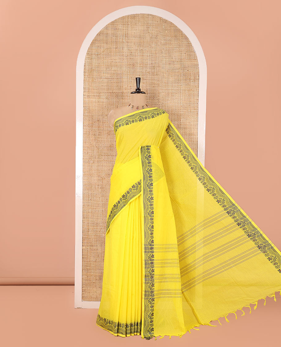 Yellow Plain Chettinad Cotton Saree, Subtle Self-Border of Floral Thread Design Weave, Subtly Striped Pallu, and Paired with a Matching Blouse