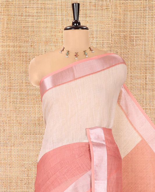 Rust Linen Cotton Saree, Decked Up Ombre-Style Double-Color Print, Highlighted by Contrast Zari Bavanji Border, Pallu Pictures Bandhani Design, and Paired with a Contrast Bandhani Blouse