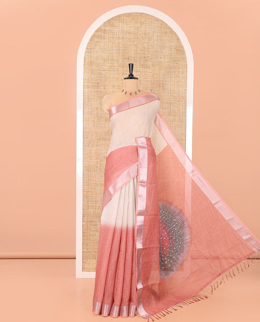 Rust Linen Cotton Saree, Decked Up Ombre-Style Double-Color Print, Highlighted by Contrast Zari Bavanji Border, Pallu Pictures Bandhani Design, and Paired with a Contrast Bandhani Blouse