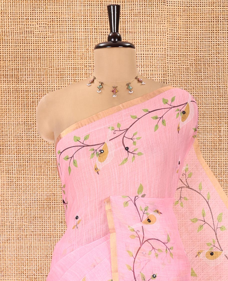 Pink Linen Cotton Saree, Elevated with Floral Vine Print and Mirror Work On Its Body, Subtle Piping Border, Pallu Steeped with Stripes, and Comes With a Contrast Blouse