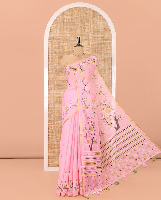 Pink Linen Cotton Saree, Elevated with Floral Vine Print and Mirror Work On Its Body, Subtle Piping Border, Pallu Steeped with Stripes, and Comes With a Contrast Blouse