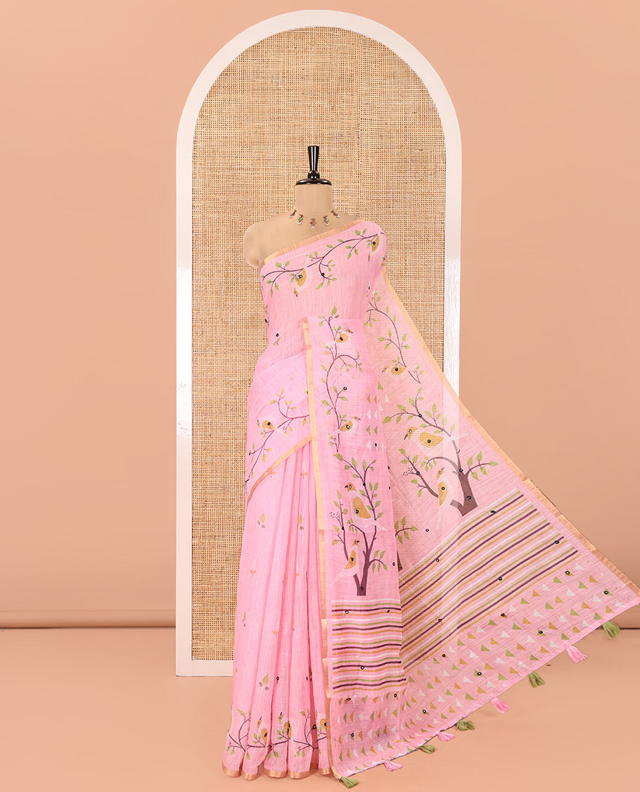 Pink Linen Cotton Saree, Elevated with Floral Vine Print and Mirror Work On Its Body, Subtle Piping Border, Pallu Steeped with Stripes, and Comes With a Contrast Blouse