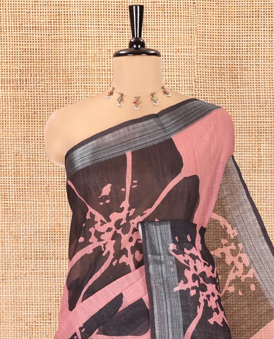 Pink Linen Cotton Saree, Prettified with Big Floral Motifs Printed on Its Body, Complemented by Contrast Border, Pallu of Floral Hand Block Print, and Paired with a Matching Blouse